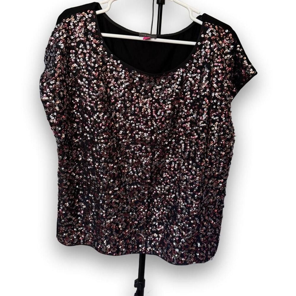 Vince Camuto Women's XL Black Multicolor Sequin Short Sleeve Party Top